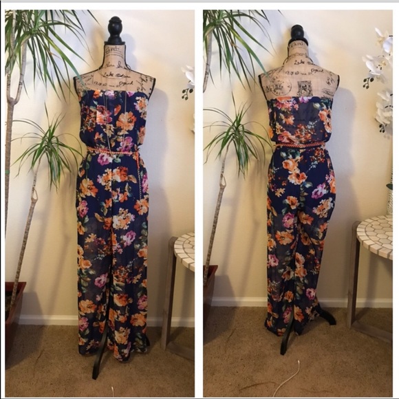 Strapless Jumpsuit with Orange and Gold Belt. - Picture 1 of 3